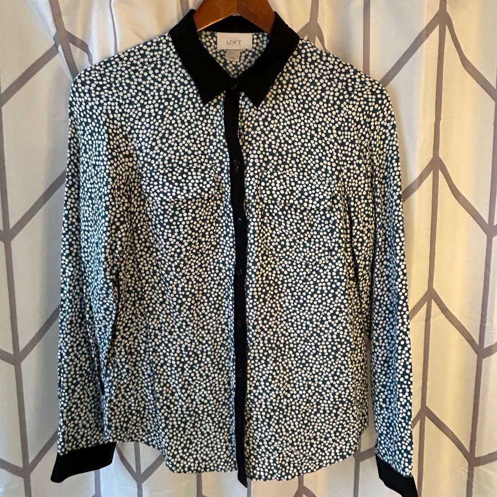 LOFT Blue and White Button-Up Blouse With Black Detail
